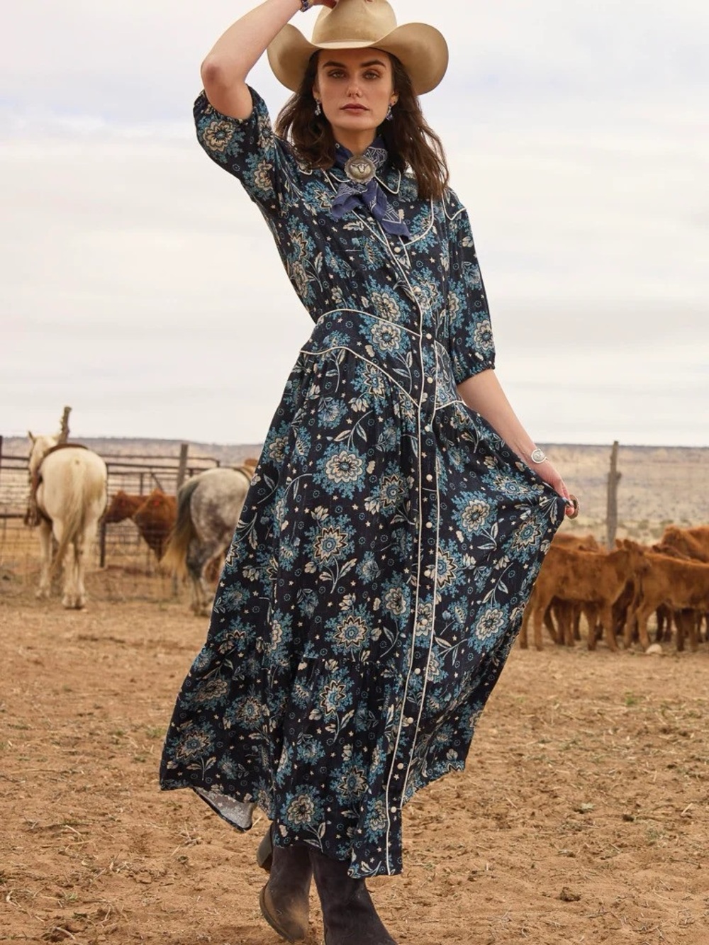 Double D Ranch Dress Womens 18 Navy Floral Western Maxi Snap Front Cowgirl